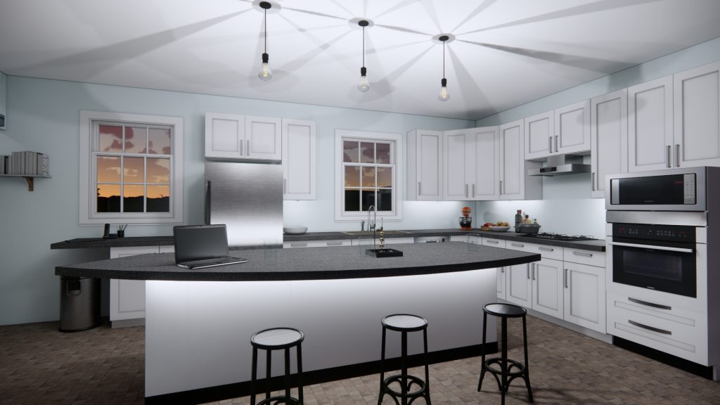 3D rendering of a kitchen with white cabinetry, dark countertops, stainless steel appliances, pendant lights, and a curved island with three stools
