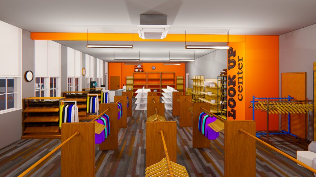 Interior rendering of the Look Up Center store featuring clothing racks, merchandise shelving, wood display fixtures, and orange accent walls